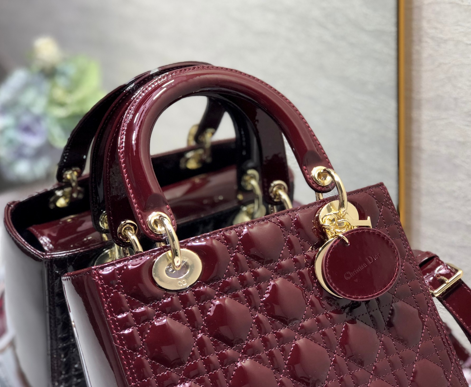 Medium Lady Dior Bag Burgundy Patent Cannage Calfskin